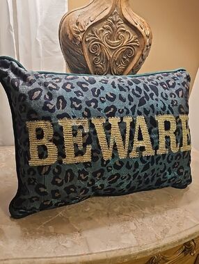 BEWARE Green & Gold Leopard Accent Pillow with Gold Embroidery 19“L X13“h NWOT